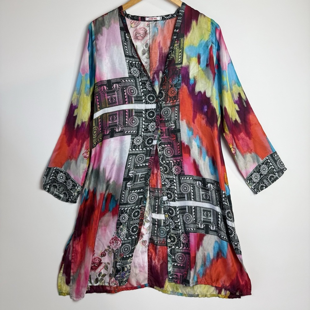 Johnny Was Silk Multicolor Patchwork Kimono Jacket Size‎ M Boho Art To Wear $395